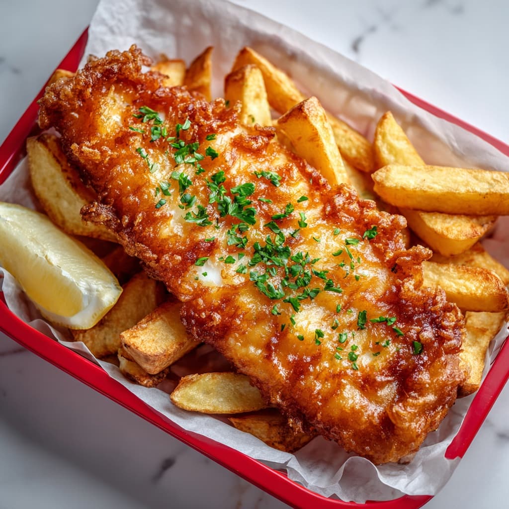 A golden portion of Brooks' freshly battered cod and chunky chips with a lemon wedge